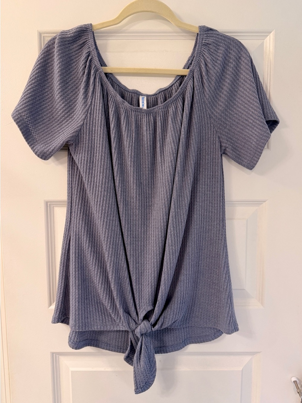 Waffle-knit Off the Shoulder Tie-front Top